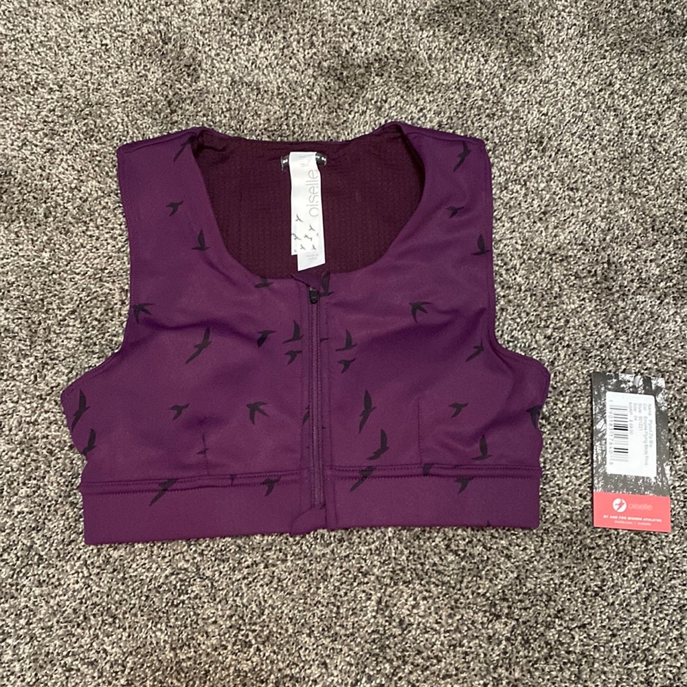 oiselle Plum Purple Front-Zip Sports Bra with Bird Print